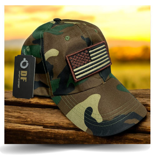 Green veteran's hat with removable patch.