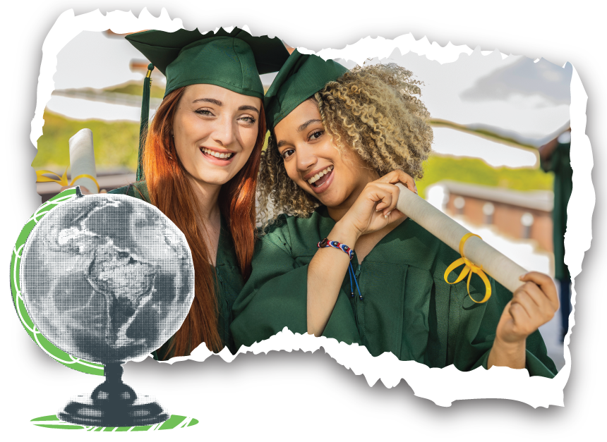 Two happy females posing with diploma on graduation