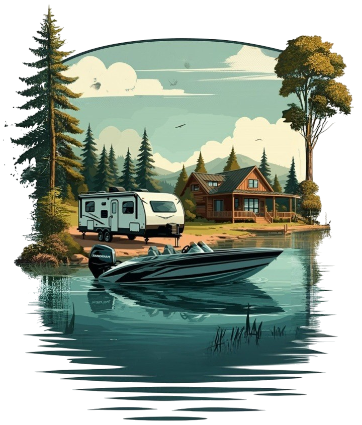 Illustration of camper parked by a lake with a fishing boat in foreground and a cozy cabin tucked into the background.